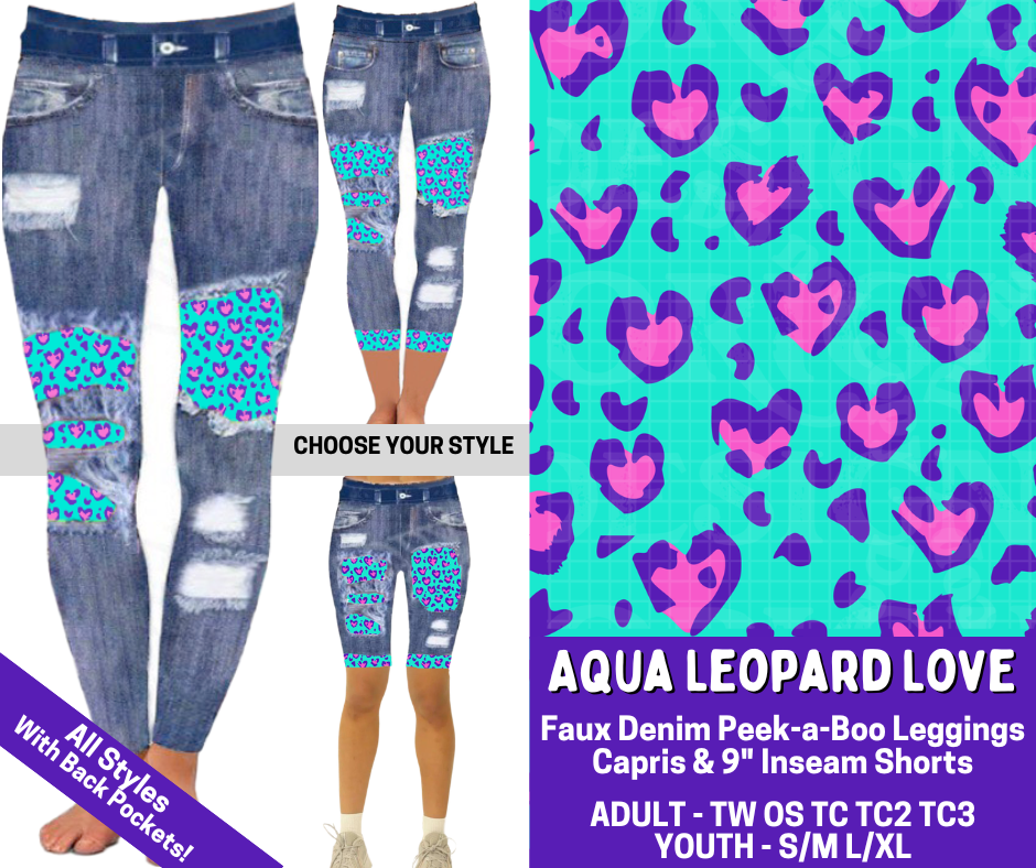 Preorder! Closes 4/9. ETA June. Aqua Leopard Combo Faux Denim Peekaboo Legging Lengths
