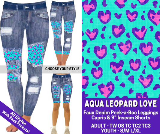 Preorder! Closes 4/9. ETA June. Aqua Leopard Combo Faux Denim Peekaboo Legging Lengths