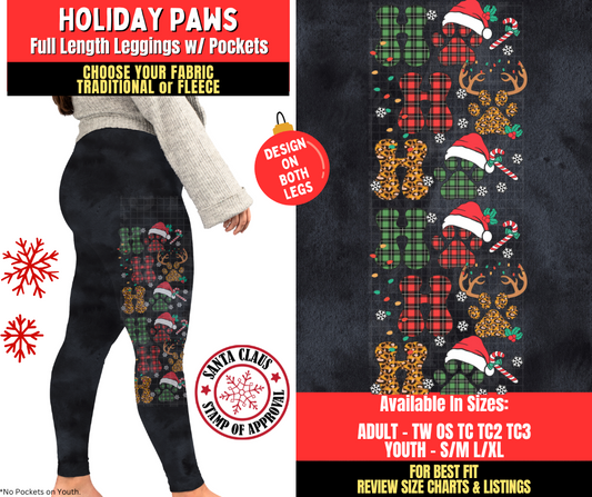 Preorder! Closes 8/27. ETA Nov. Holiday Paws Watercolor Leggings w/ Side Leg Designs Choose Fleece or Traditional