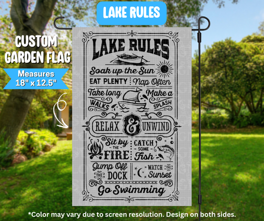Preorder! Closes 3/9. ETA June. Lake Rules Garden Flag