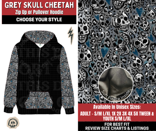 Preorder! Closes 12/22. ETA March. Grey Skull Cheetah Zip-Up or Pullover Hoodie