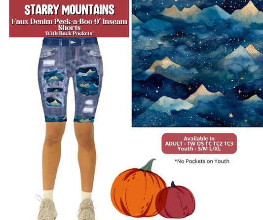 Preorder! Closes 6/30. ETA Sept. Starry Mountains Faux Denim Peekaboo Jamaica Shorts