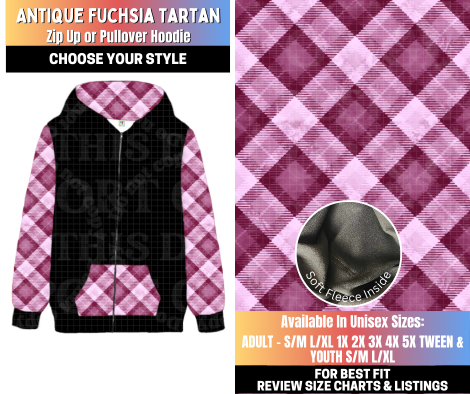 Preorder! Closes 10/15. ETA Jan. Antique Fuchsia Tartan Zip-Up or Pullover Hoodie