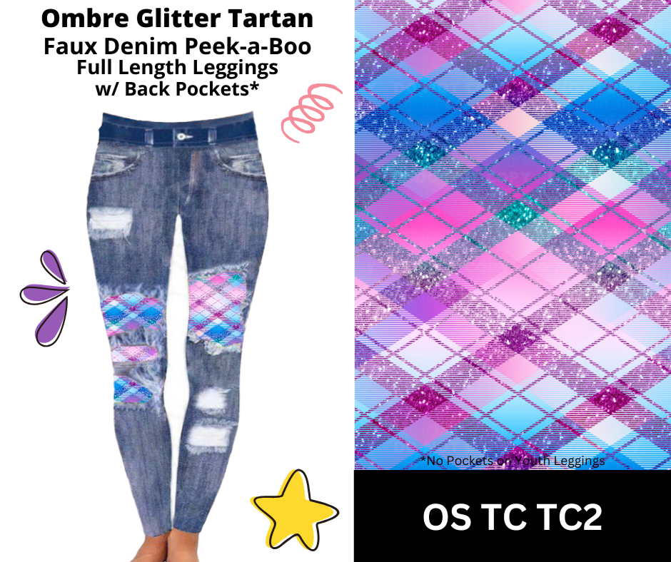 Ombre Glitter Tartan Faux Denim Full Length Peekaboo Leggings