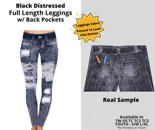 Preorder! Closes 12/24. ETA March. Black Distressed Full Length Faux Denim Leggings
