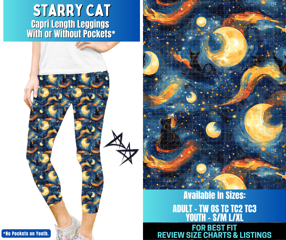 Preorder! Closes 12/17. ETA March. Starry Cat Capri Length Leggings w/wo Pockets