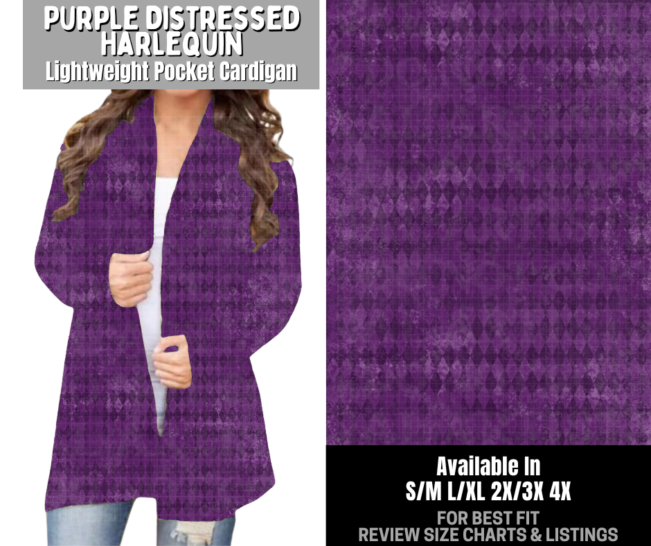 Preorder! Closes 12/3. ETA Feb. Purple Distressed Harlequin Pocket Cardigan