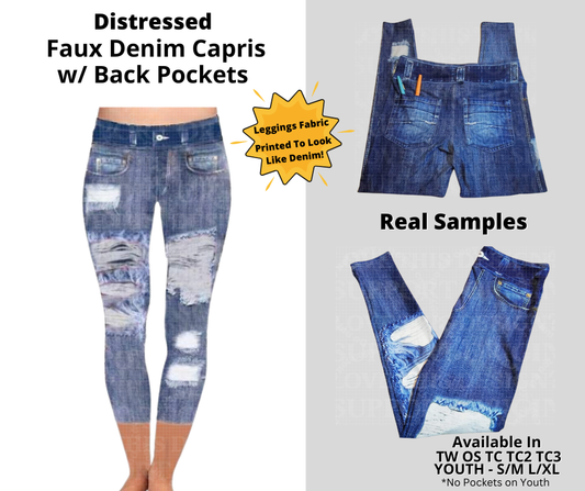Preorder! Closes 12/24. ETA March. Blue Distressed Capri Faux Denim