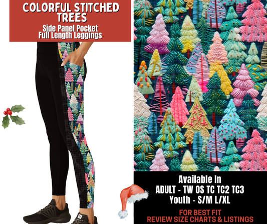 Preorder! Closes 9/24. ETA Dec. Colorful Stitched Trees Side Panel Pocket Full Length Leggings