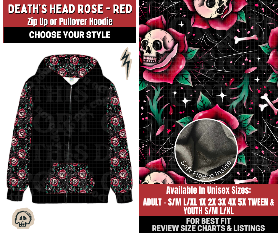 Preorder! Closes 12/22. ETA March. Death's Head Rose - Red Zip-Up or Pullover Hoodie