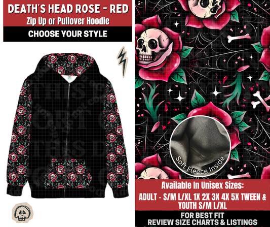 Preorder! Closes 12/22. ETA March. Death's Head Rose - Red Zip-Up or Pullover Hoodie