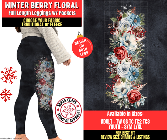 Preorder! Closes 8/27. ETA Nov. Winter Berry Floral Watercolor Leggings w/ Side Leg Designs Choose Fleece or Traditional