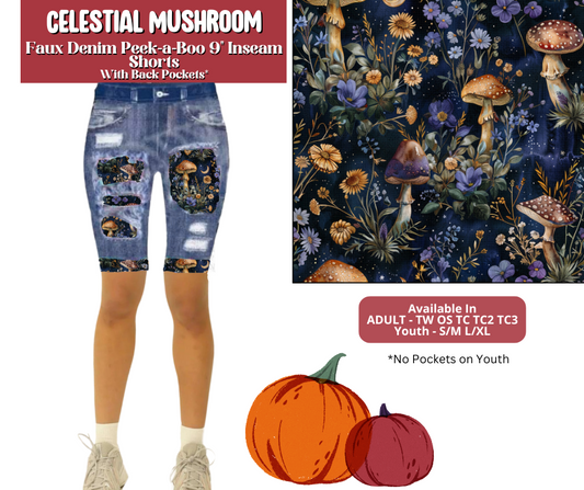 Preorder! Closes 6/30. ETA Sept. Celestial Mushroom Faux Denim Peekaboo Jamaica Shorts