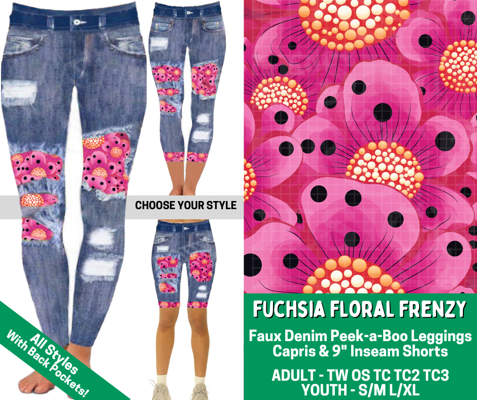Preorder! Closes 2/18. ETA May. Fuchsia Floral Frenzy Combo Faux Denim Peekaboo Legging Lengths