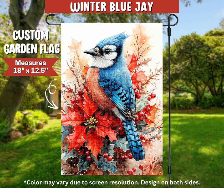 Preorder! Closes 9/22. ETA Dec. Winter Blue Jay Garden Flag
