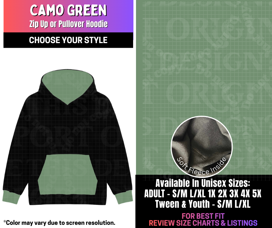 Preorder! Closes 3/25. ETA June. Camo Green Zip-Up or Pullover Hoodie