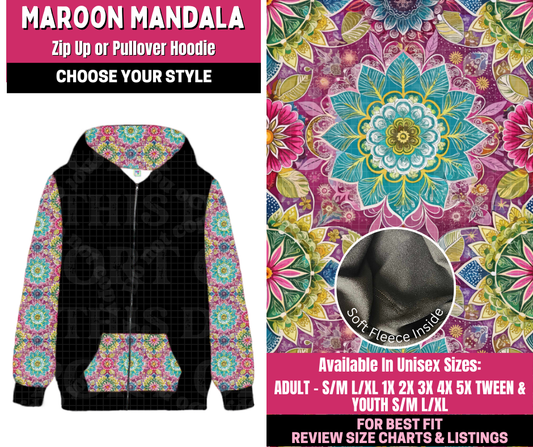 Preorder! Closes 12/31. ETA March. Maroon Mandala Full Length Zip-Up or Pullover Hoodie