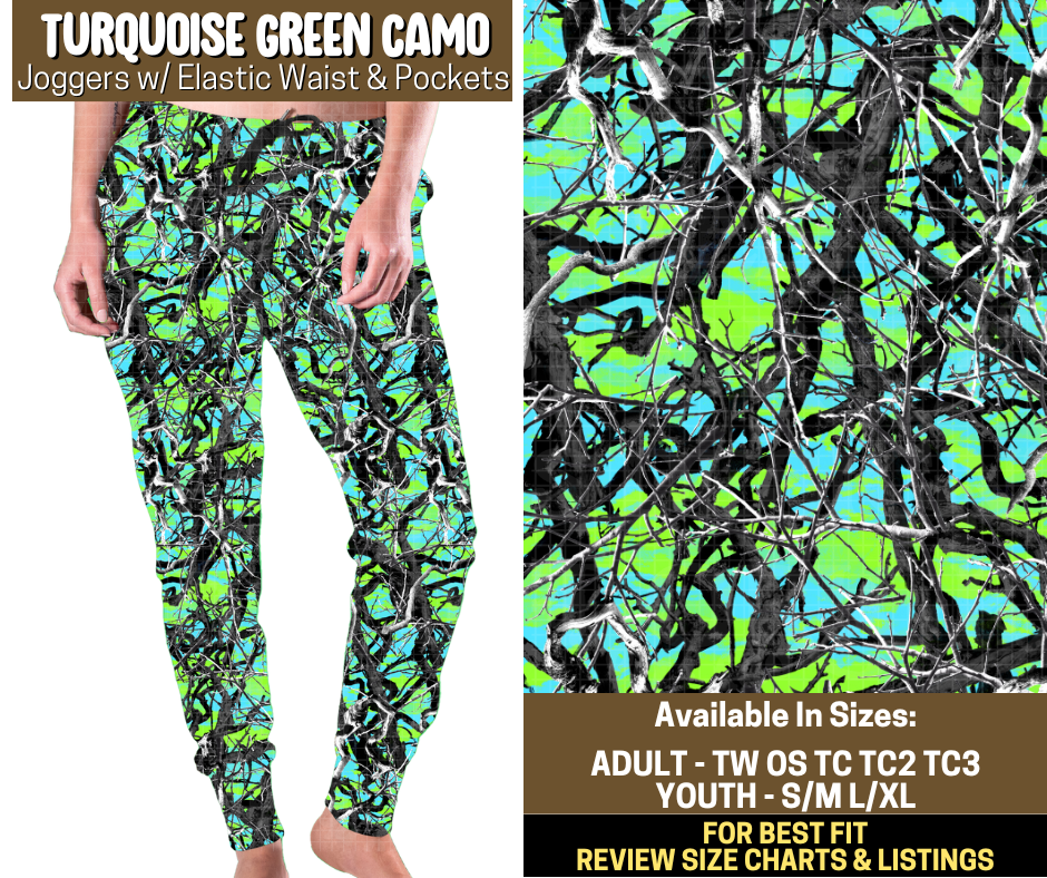 Preorder! Closes 9/12. ETA Dec. Turquoise Green Camo Joggers