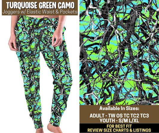 Preorder! Closes 9/12. ETA Dec. Turquoise Green Camo Joggers