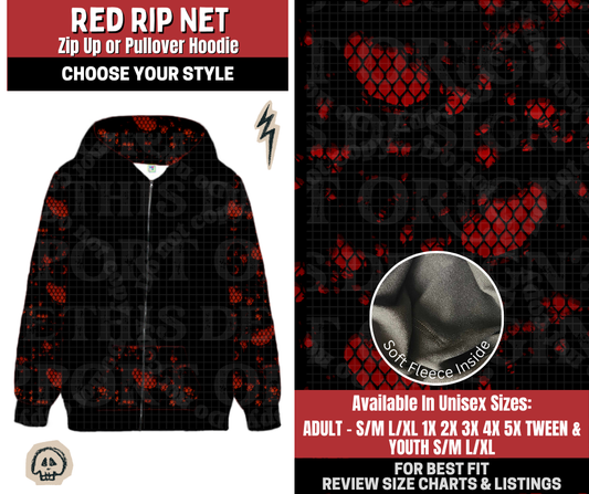 Preorder! Closes 12/22. ETA March. Red Rip Net Zip-Up or Pullover Hoodie