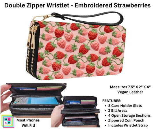 Embroidered Strawberries Double Zipper Wristlet