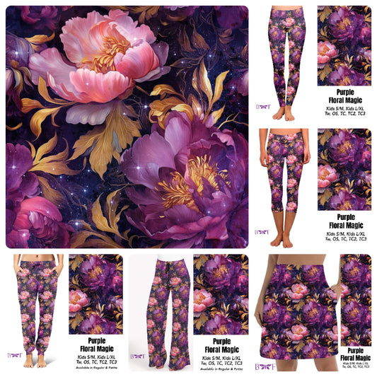 Purple floral magic leggings, capris and skorts