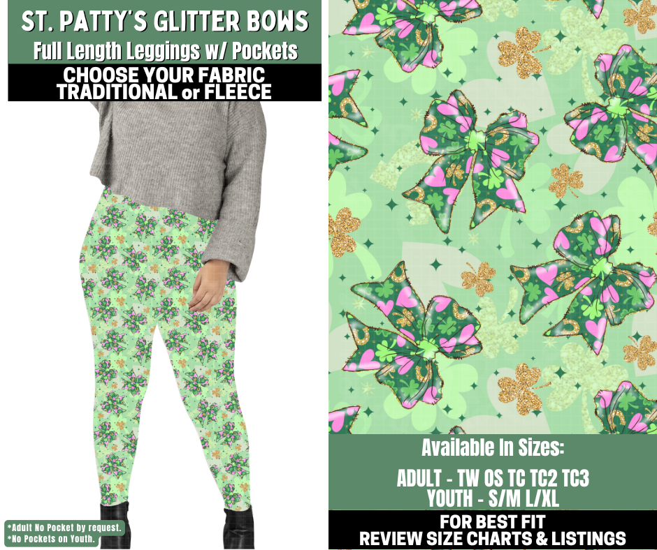 Preorder! Closes 12/4. ETA Feb. St. Patty's Glitter Bows Leggings Choose Fleece or Traditional