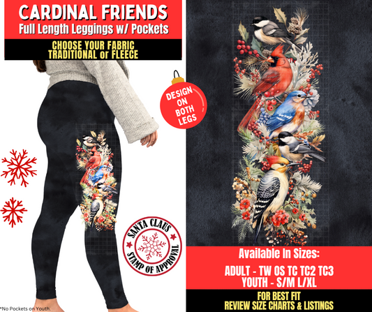 Preorder! Closes 8/27. ETA Nov. Cardinal Friends Watercolor Leggings w/ Side Leg Designs Choose Fleece or Traditional