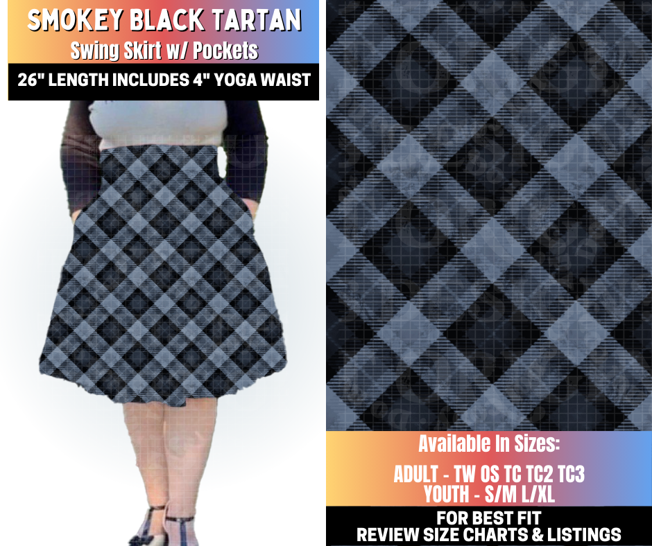 Preorder! Closes 10/15. ETA Jan. Smokey Black Tartan Swing Skirt