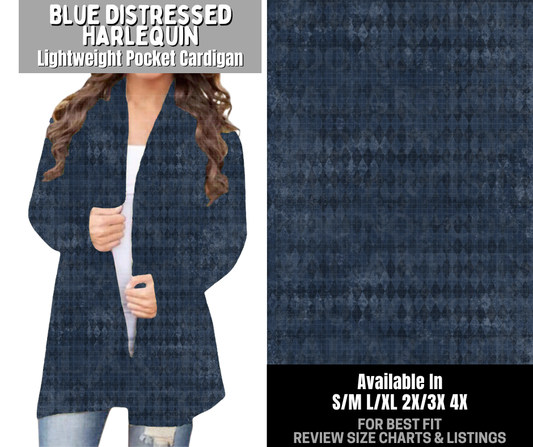 Preorder! Closes 12/3. ETA Feb. Blue Distressed Harlequin Pocket Cardigan