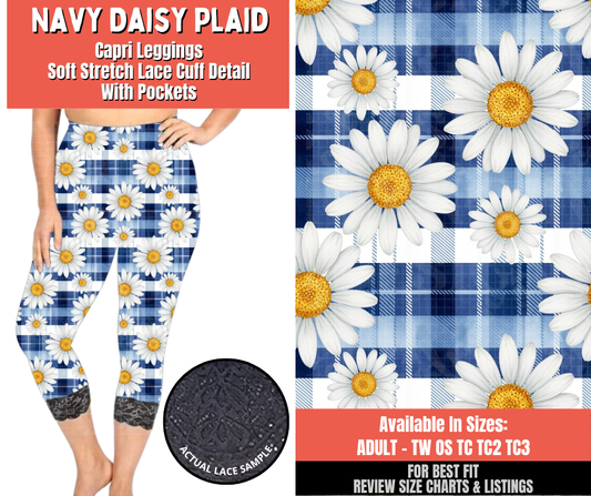 Preorder! Closes 5/18. ETA Aug. Navy Daisy Plaid Lace Cuff Capris w/ Pockets