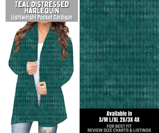 Preorder! Closes 12/3. ETA Feb. Teal Distressed Harlequin Pocket Cardigan
