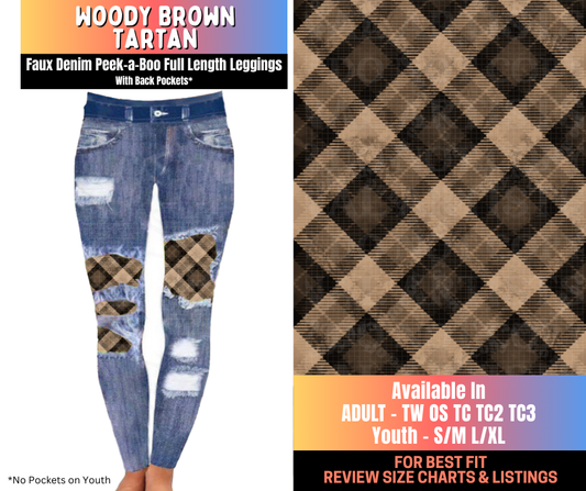 Preorder! Closes 10/15. ETA Jan. Woody Brown Tartan Full Length Faux Denim Peekaboo