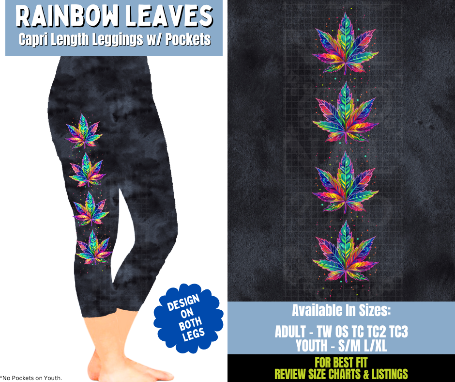 Preorder! Closes 12/15. ETA March. Rainbow Leaves Capri Leggings w/ Side Leg Designs