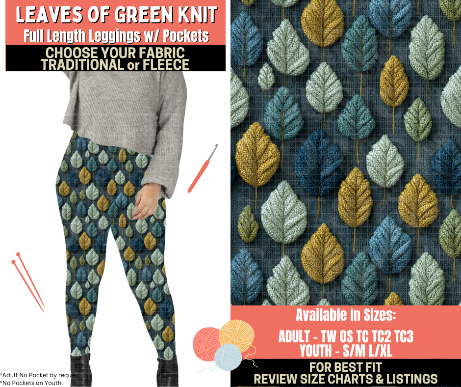 Preorder! Closes 10/1. ETA Dec. Leaves Of Green Knit Leggings Choose Fleece or Traditional