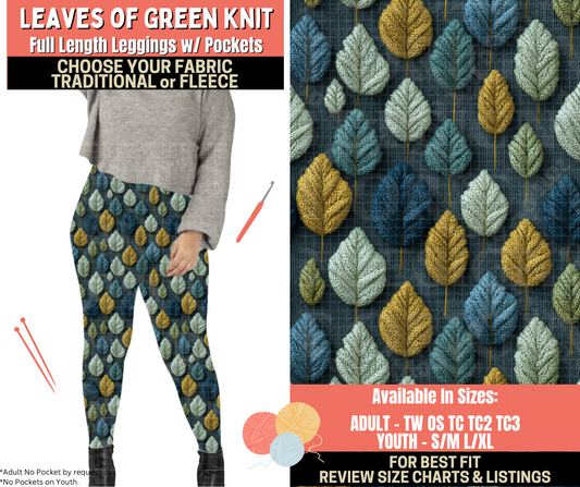 Preorder! Closes 10/1. ETA Dec. Leaves Of Green Knit Leggings Choose Fleece or Traditional