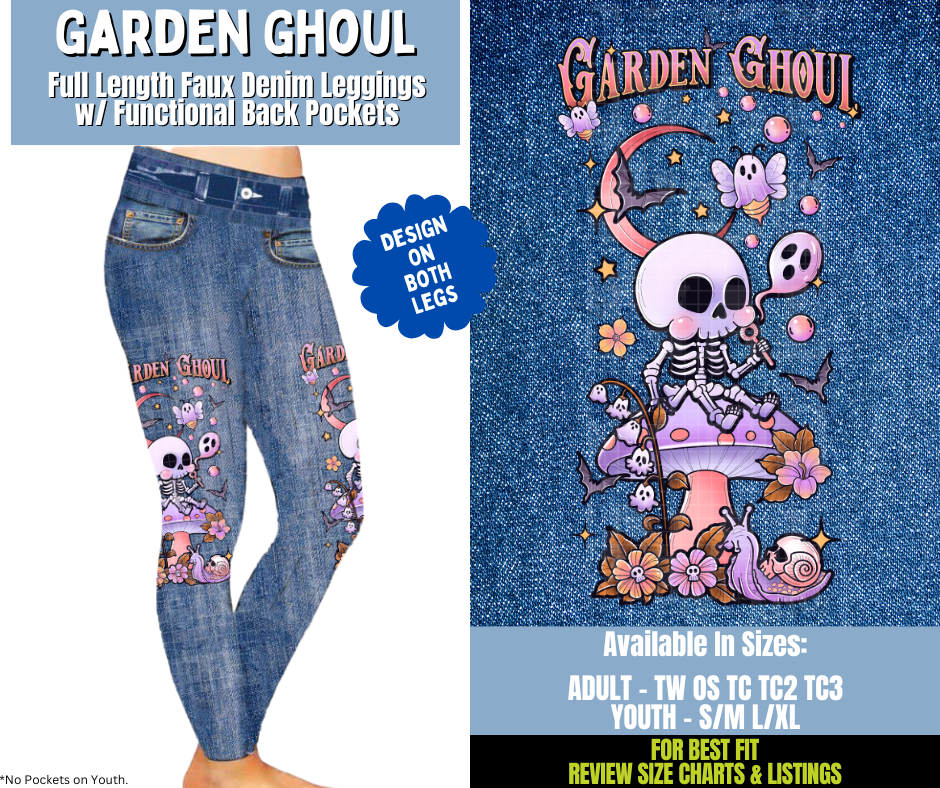 Preorder! Closes 12/15. ETA March. Garden Ghoul Full Length Faux Denim w/ Side Leg Designs