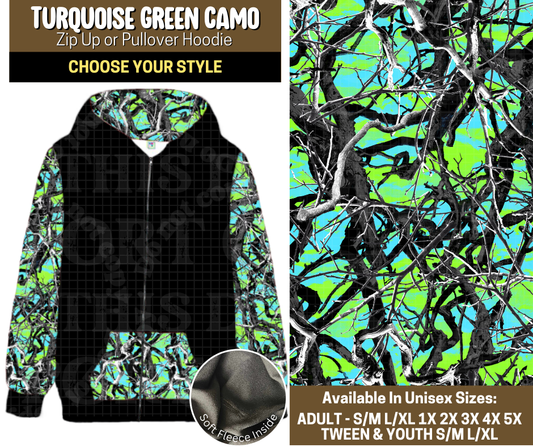 Preorder! Closes 9/12. ETA Dec. Turquoise Green Camo Zip-Up or Pullover Hoodie