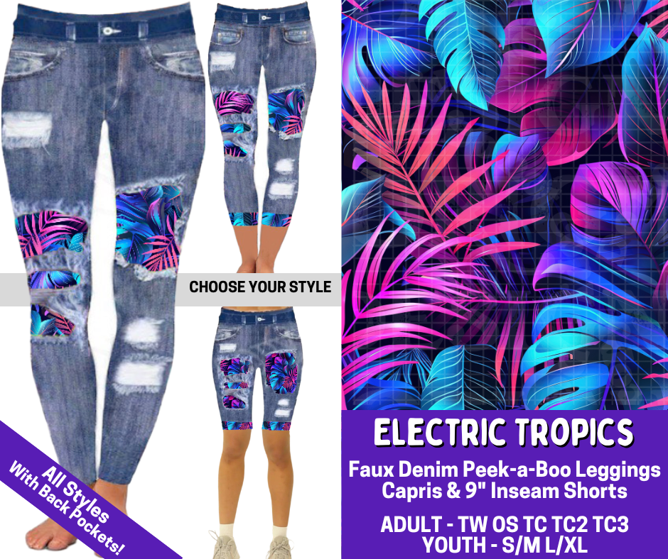 Preorder! Closes 4/9. ETA June. Electric Tropics Combo Faux Denim Peekaboo Legging Lengths