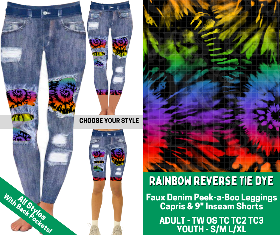 Preorder! Closes 2/18. ETA May. Rainbow Reverse Tie Dye Combo Faux Denim Peekaboo Legging Lengths