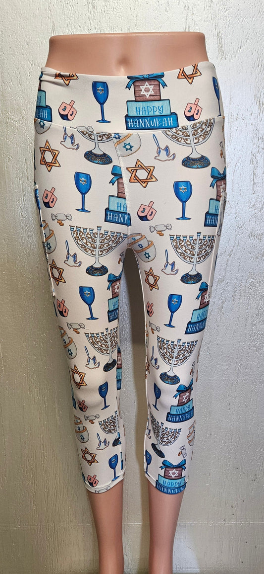 Happy Hanukkah on White capris with pockets