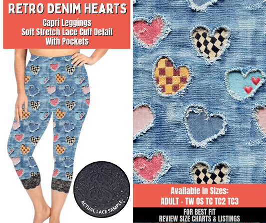Preorder! Closes 5/18. ETA Aug. Retro Denim Hearts Lace Cuff Capris w/ Pockets