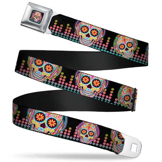 Tranquility Beats Calavera/Floral Equalizer Full Color Black/Multi Color Seatbelt Belt - Tranquility Beats Calaveras/Floral Equalizer Black/Multi Color Webbing