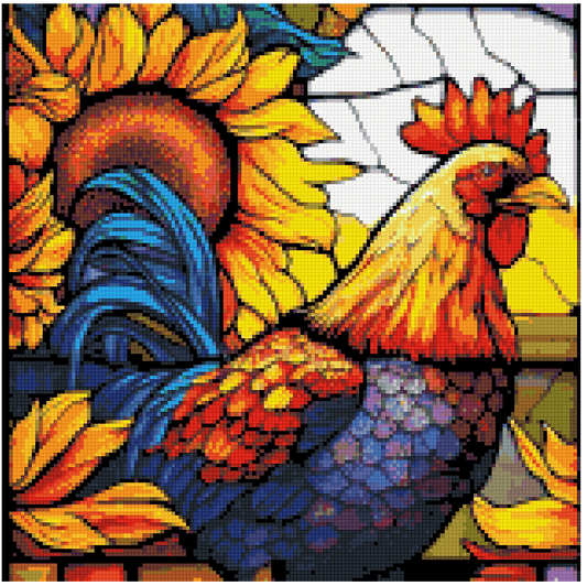 Rooster with Sunflowers Stain Glass - Diamond Painting Bling Art