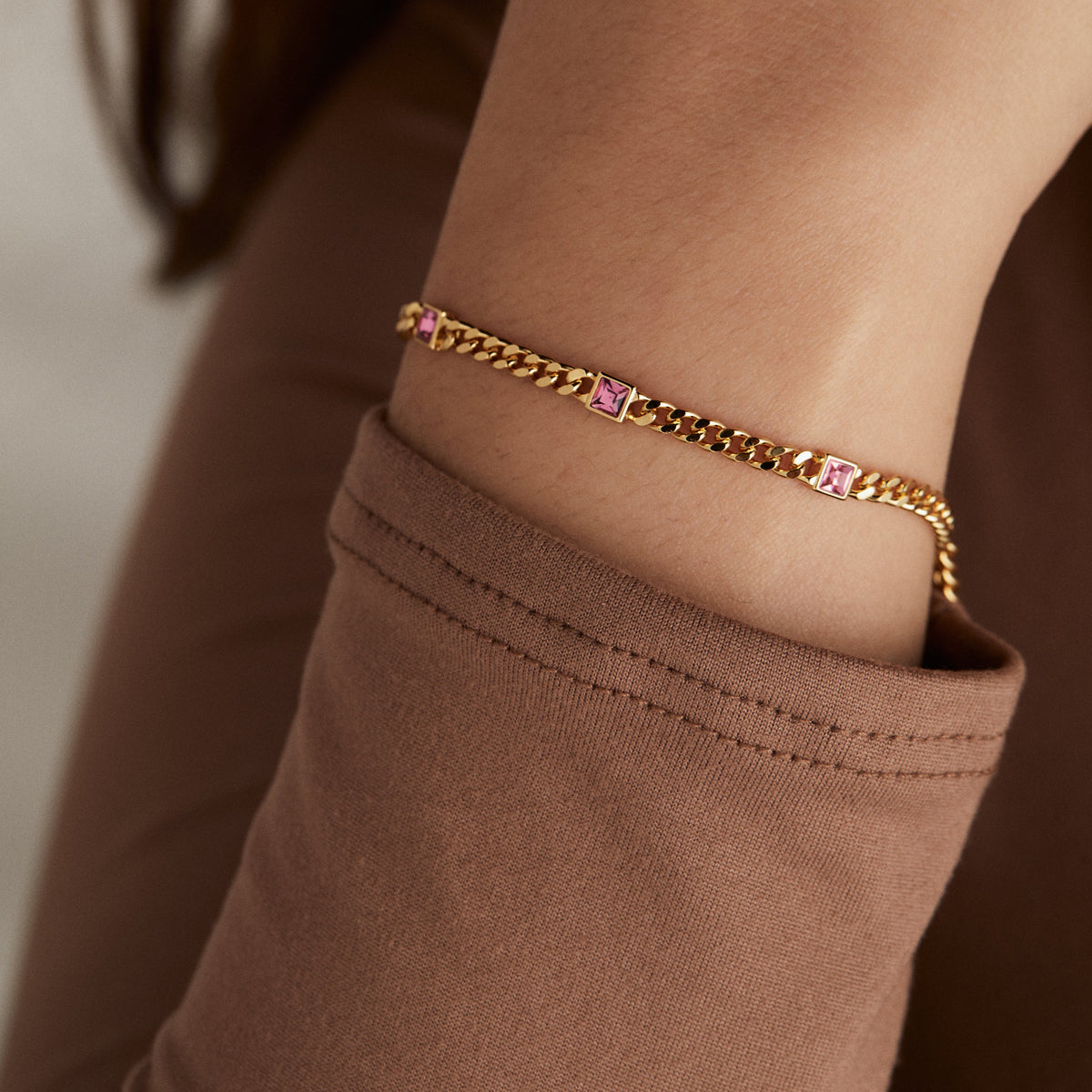 October Birthstone Rose Curb Chain Bracelet