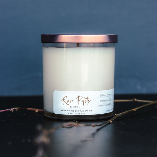 Rose Petals & Birch - 9 oz Whiskey Glass Candle