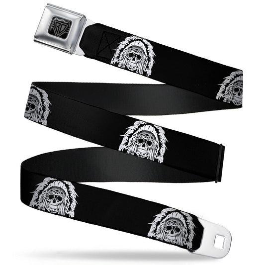 BD Wings Logo CLOSE-UP Full Color Black Silver Seatbelt Belt - Native American Skull Black/White Webbing