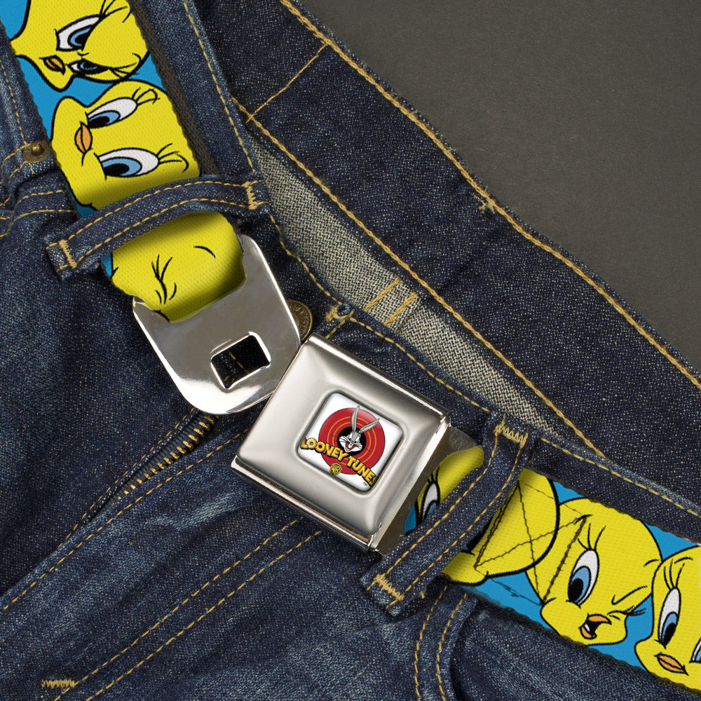 Looney Tunes Logo Full Color White Seatbelt Belt - Tweety Bird CLOSE-UP Expressions Baby Blue Webbing