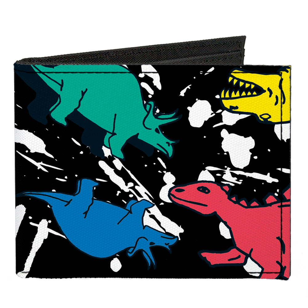 Canvas Bi-Fold Wallet - Dinosaurs Paint Splatter Black White Multi Color