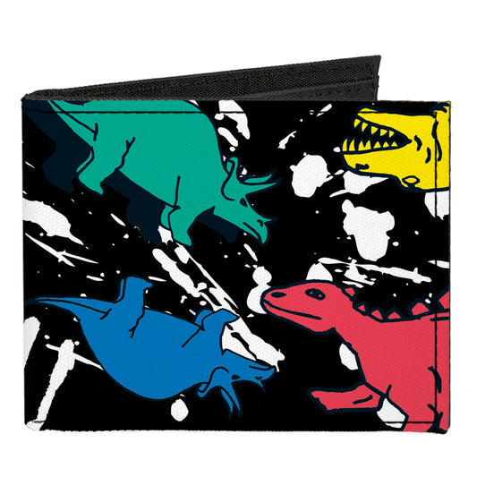 Canvas Bi-Fold Wallet - Dinosaurs Paint Splatter Black White Multi Color